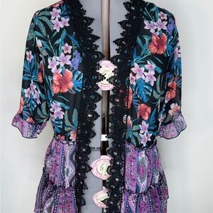 Signature Studio Kimono Blouse Womens 2X Floral Crochet Trim Ruffle Hem Sheer